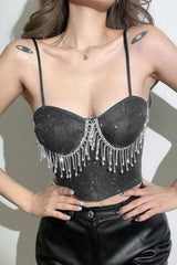 Rhinestone Trimmed Bardot Fringe Crop Top