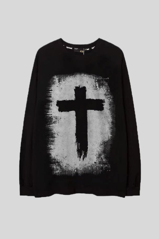 Distressed Cross Typography Graphic Oversized Sweatshirt