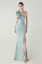 Ruffled Floral One Shoulder Satin Party Dress