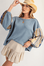 Waffle Knit Patchwork Sleeve Sweatshirt
