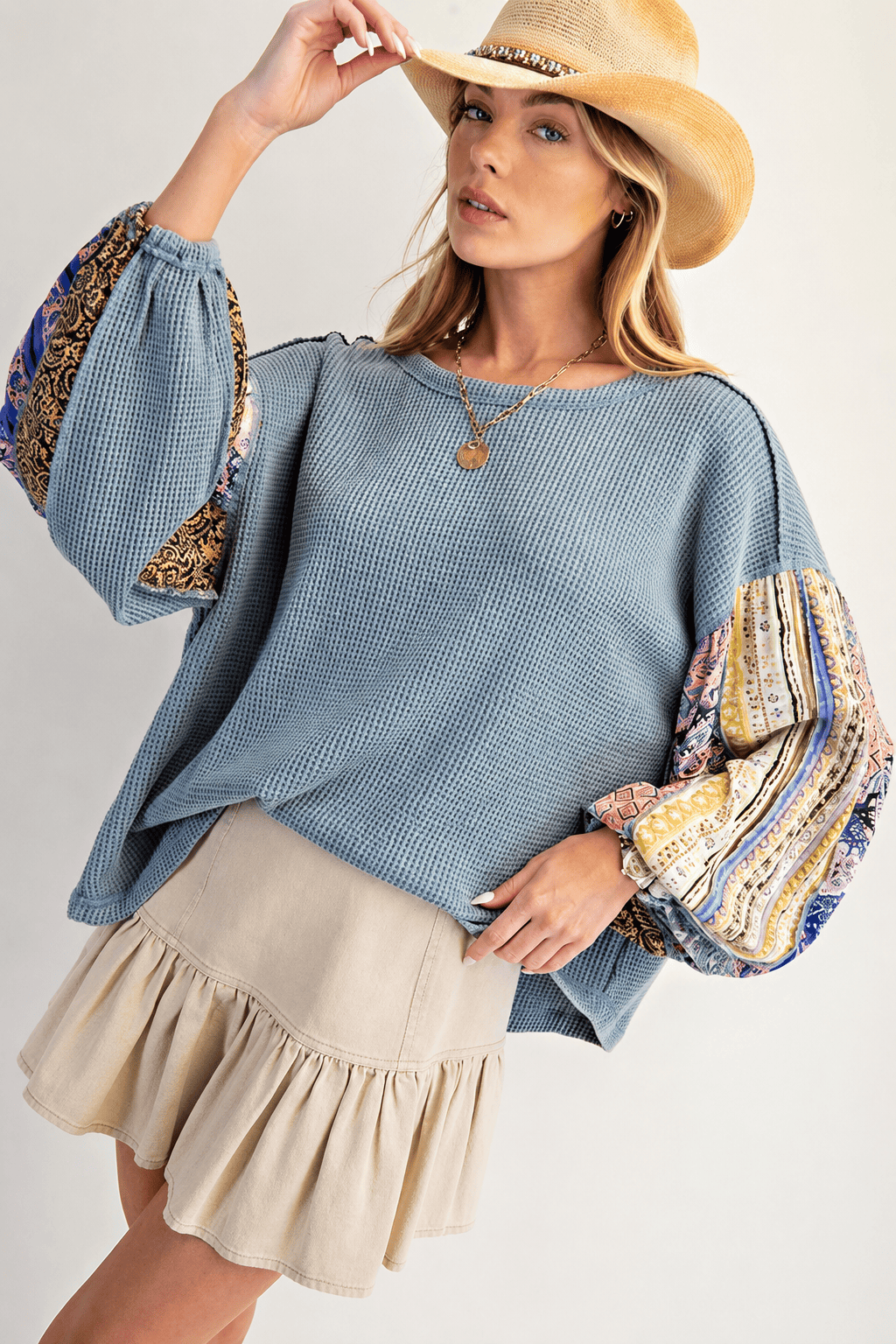 Waffle Knit Patchwork Sleeve Sweatshirt