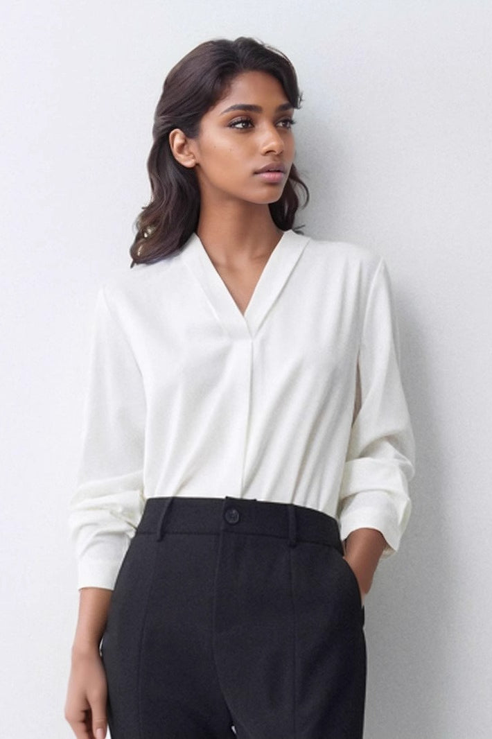 V Neck Satin Long Sleeve Blouse