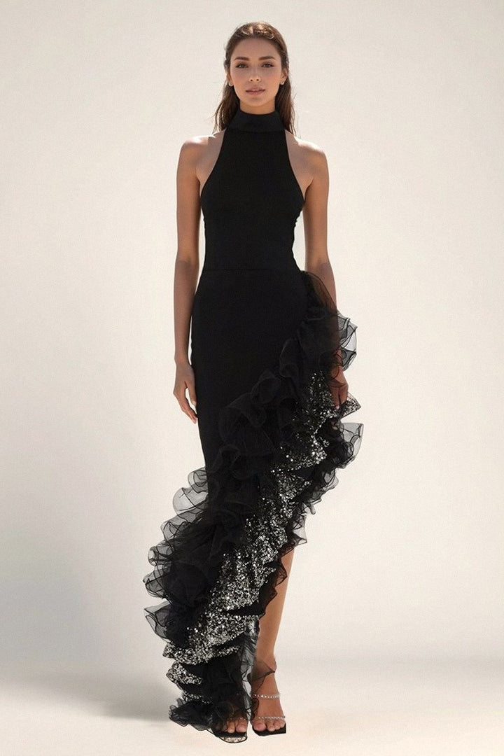 Black Ruffled Mesh Asymmetrical Party Dress S / Black Main image
