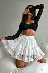 Sheer Lace Jacquard Tiered Mini Skirt