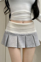 Lace Trimmed Color Block Pleated A-Line Skirt