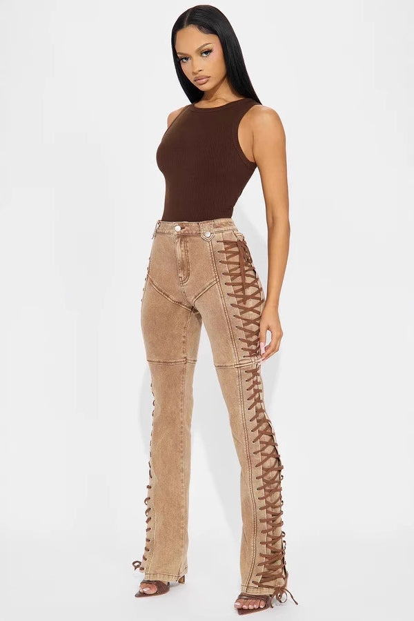 Drawstring Lace Up Denim Jeans Khaki / S