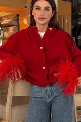 Elegant Feather Trim Christmas Cardigan