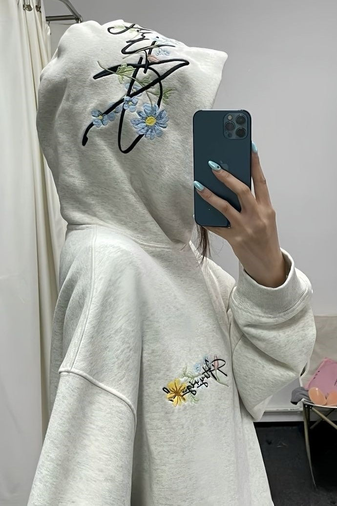 Retro Floral Embroidered Thick Fleece Hoodie