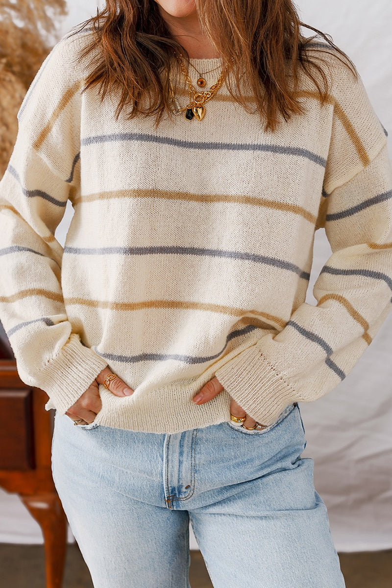 Striped Knit Button Down Cardigan Beige / S