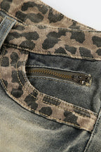 Vintage Leopard Patchwork Low Rise Denim Shorts