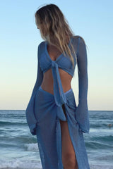 Beach Knit Hollow Cropped Top Skirt Set