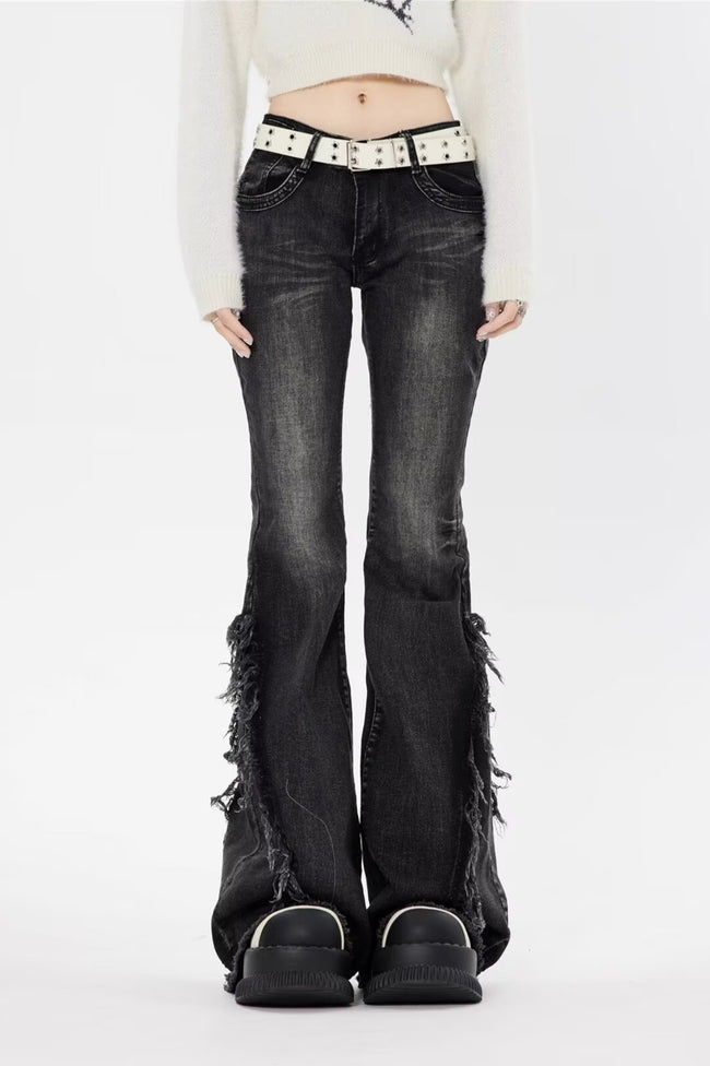 Black Low Rise Frayed Hem Long Flare Jeans Main image