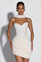 Sequin Draped Scarf Strapless Cocktail Dress