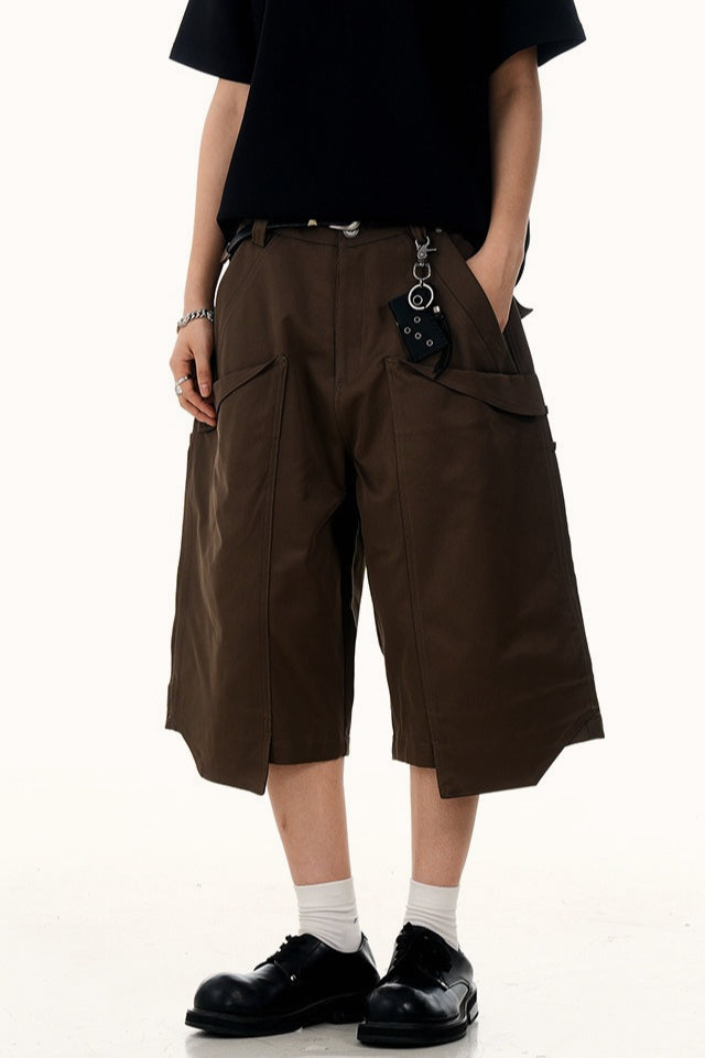 Pleated Wide Leg Cargo Bermuda Jeans