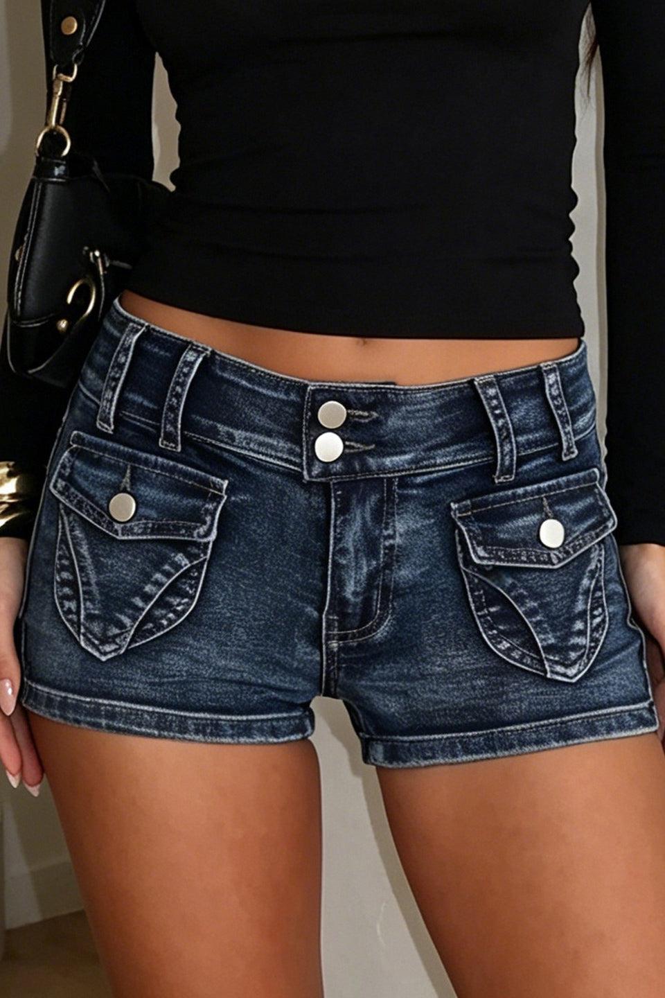 Distressed Low Rise Utility Pocket Denim Shorts