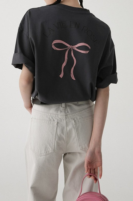 Cotton Bow Print Minimalist Short Sleeve Tee