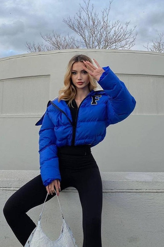 Polar Fleece Patchwork Faux Fur Collar Puffer Jacket S / Blue Main image