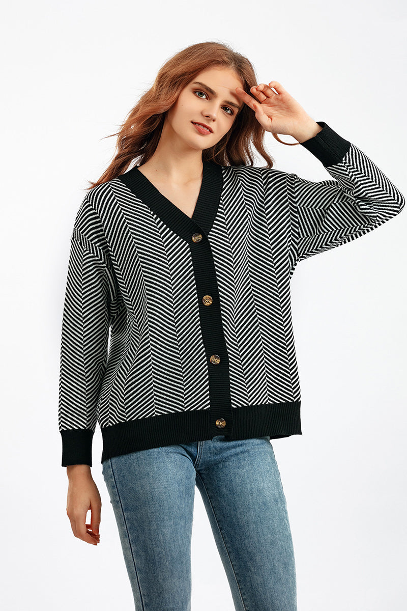 Striped V Neck Buttoned Knit Sweater