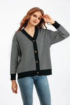 Striped V Neck Buttoned Knit Sweater