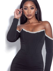 Annika Black Off Shoulder Long Trendy Sleeve Corset Dress With Crystal Trim S / US 4 6 Dresses