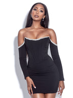 Annika Black Off Shoulder Long Trendy Sleeve Corset Dress With Crystal Trim XS / US 2 Dresses