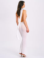 Olena White Burnout Velvet Animal Trendy Print Mesh Halter Neck Maxi Dress Dresses