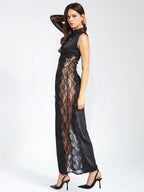 Weslyn Black Satin Charming Lace High Slit Dress XL / US 12 14 Dresses