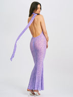 Olena Purple Burnout Velvet Animal Trendy Print Mesh Halter Neck Maxi Dress S / US 4 6 Dresses
