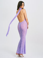 Olena Purple Burnout Velvet Animal Trendy Print Mesh Halter Neck Maxi Dress S / US 4 6 Dresses