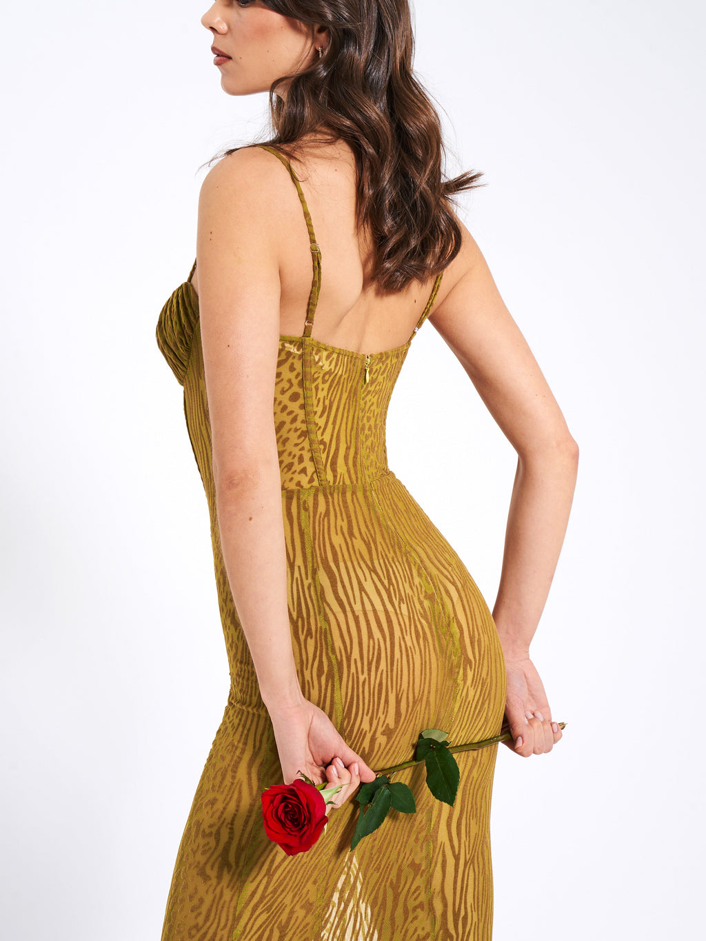 Ulani Gold Burnout Velvet Graceful Detail Mesh Maxi Dress Dresses