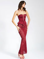 Lucinda Burgundy Satin Charming Lace Corset Maxi Dress Dresses