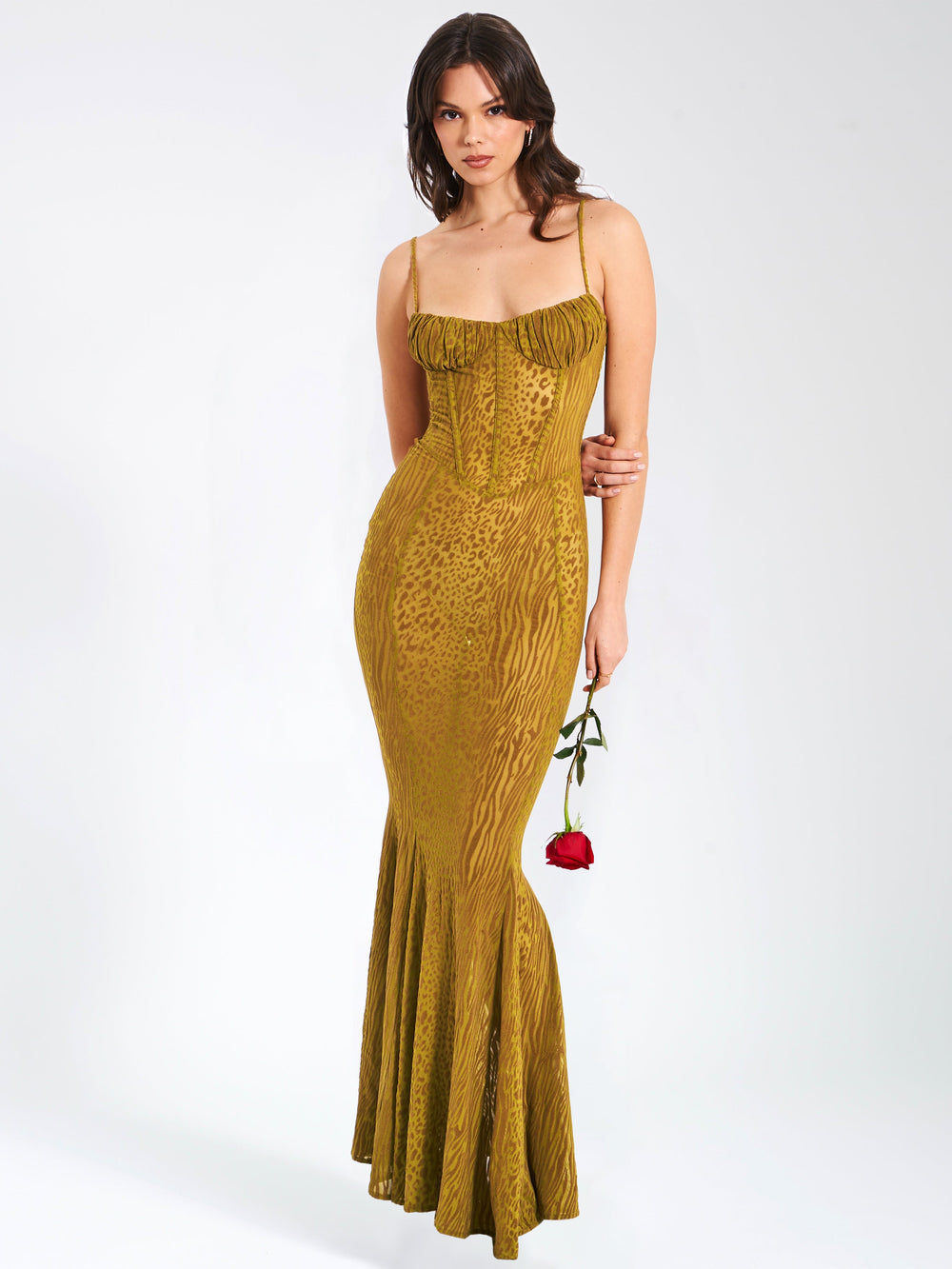 Ulani Gold Burnout Velvet Graceful Detail Mesh Maxi Dress Dresses