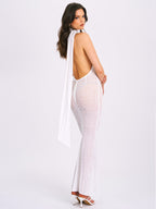 Olena White Burnout Velvet Animal Trendy Print Mesh Halter Neck Maxi Dress Dresses