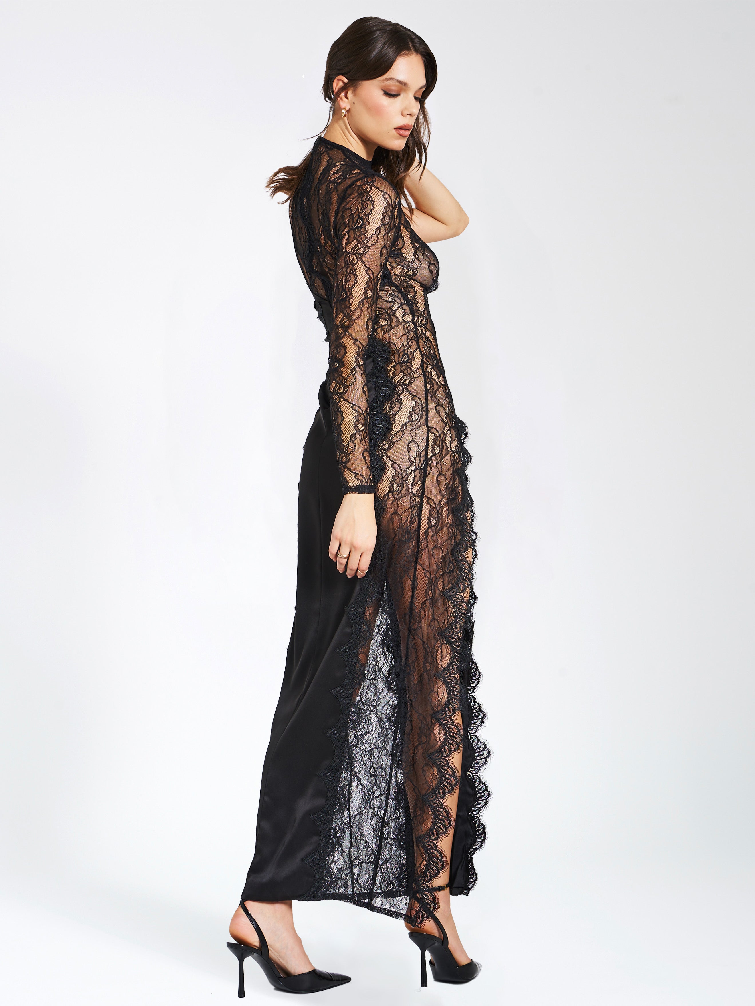 Weslyn Black Satin Charming Lace High Slit Dress L / US 10 12 Dresses