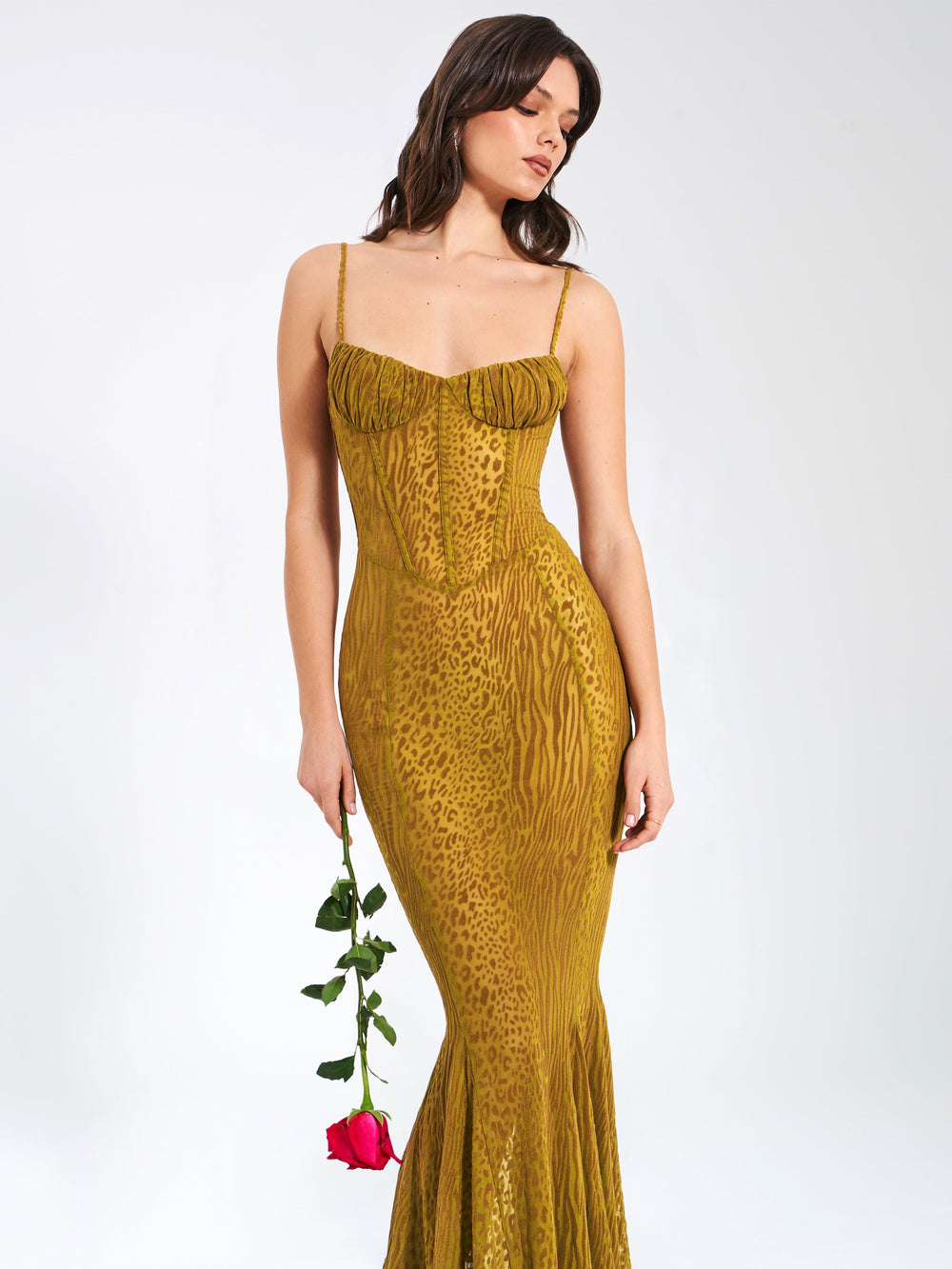 Ulani Gold Burnout Velvet Graceful Detail Mesh Maxi Dress S / US 4 6 Dresses