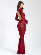 Waylynn Burgundy Burnout Velvet Graceful Detail Mesh Backless Maxi Dress Dresses
