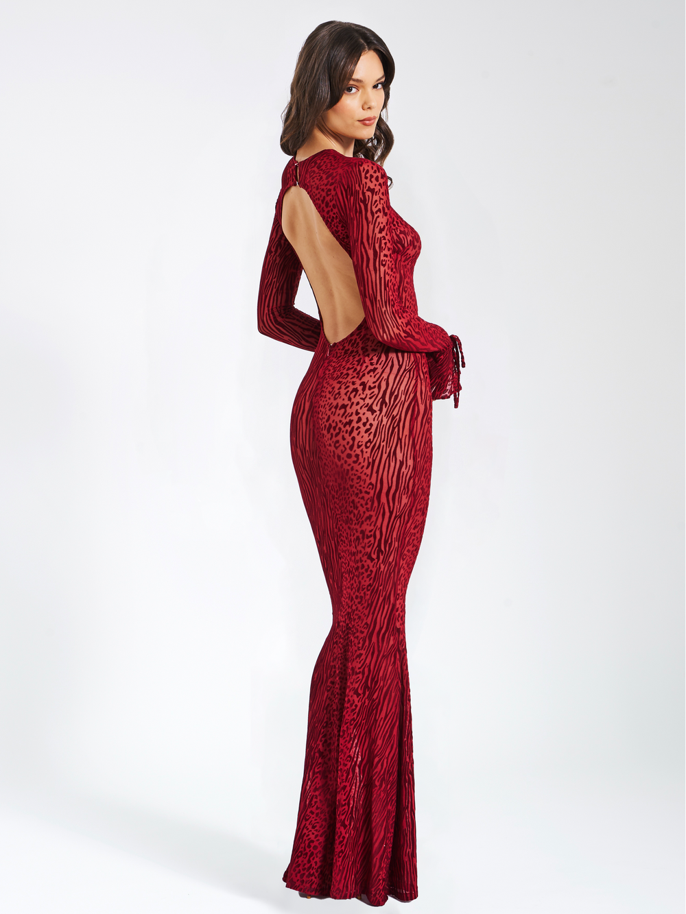 Waylynn Burgundy Burnout Velvet Graceful Detail Mesh Backless Maxi Dress Dresses