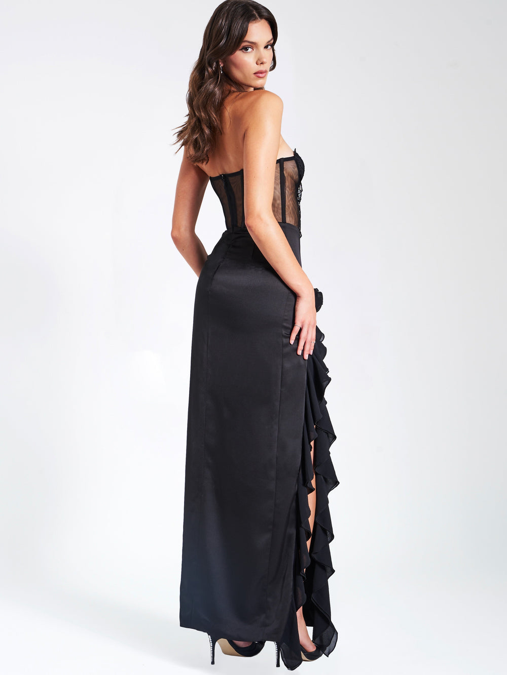 Talia Black Satin Charming Lace Corset Maxi Dress Dresses