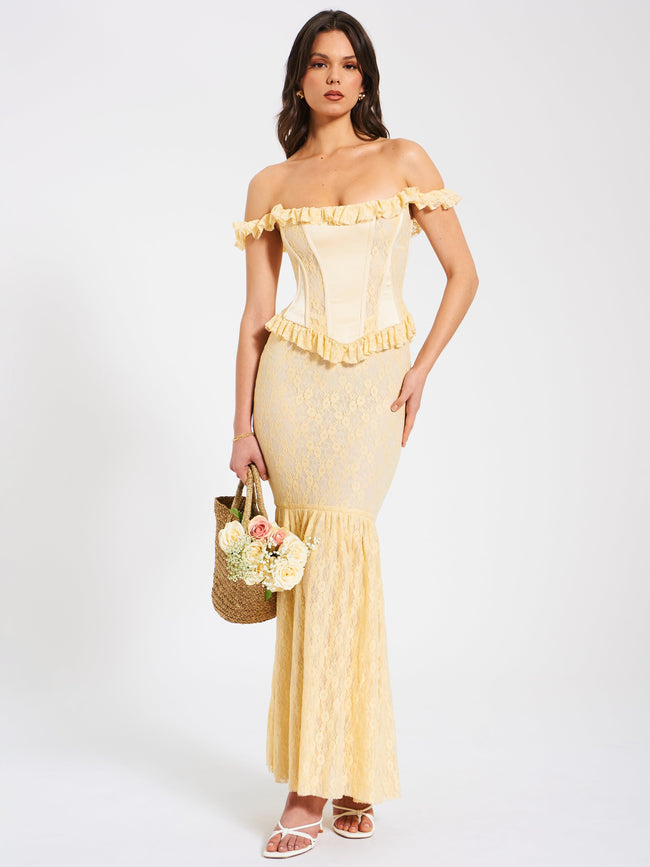 Ersilia Pale Yellow Satin Lace Trendy Peplum Corset Off Shoulder Maxi Dress XXS / US Dresses Main image