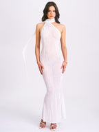 Olena White Burnout Velvet Animal Trendy Print Mesh Halter Neck Maxi Dress Dresses