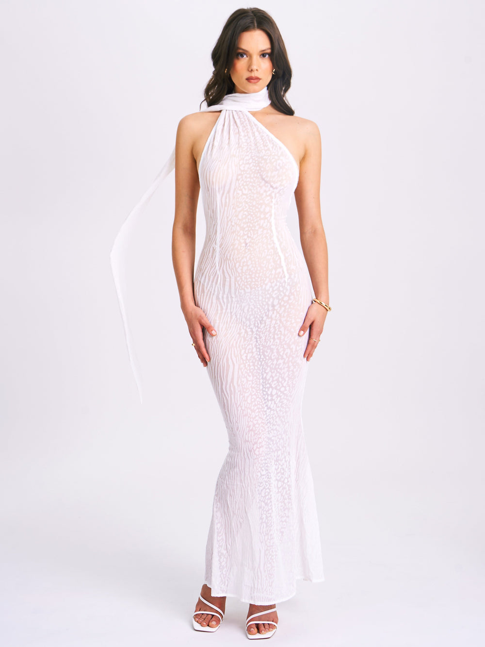 Olena White Burnout Velvet Animal Trendy Print Mesh Halter Neck Maxi Dress Dresses