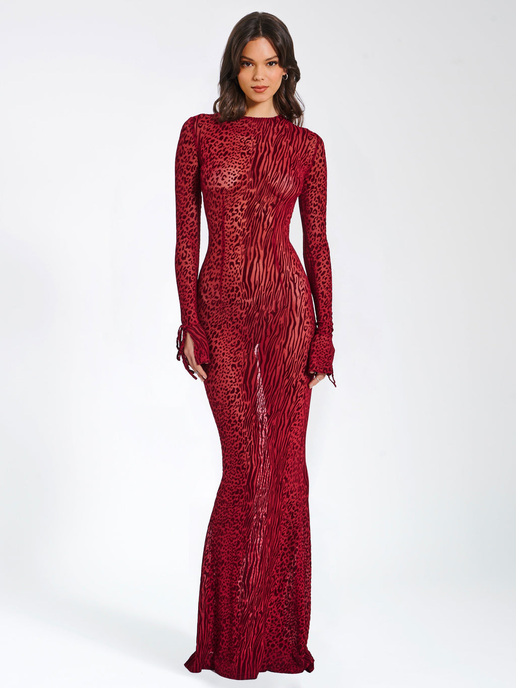 Waylynn Burgundy Burnout Velvet Graceful Detail Mesh Backless Maxi Dress S / US 4 6 Dresses