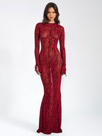 Waylynn Burgundy Burnout Velvet Graceful Detail Mesh Backless Maxi Dress S / US 4 6 Dresses