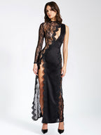 Weslyn Black Satin Charming Lace High Slit Dress Dresses