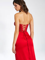 Kadesha Red Crystal High Graceful Slit Satin Corset Gown Dresses