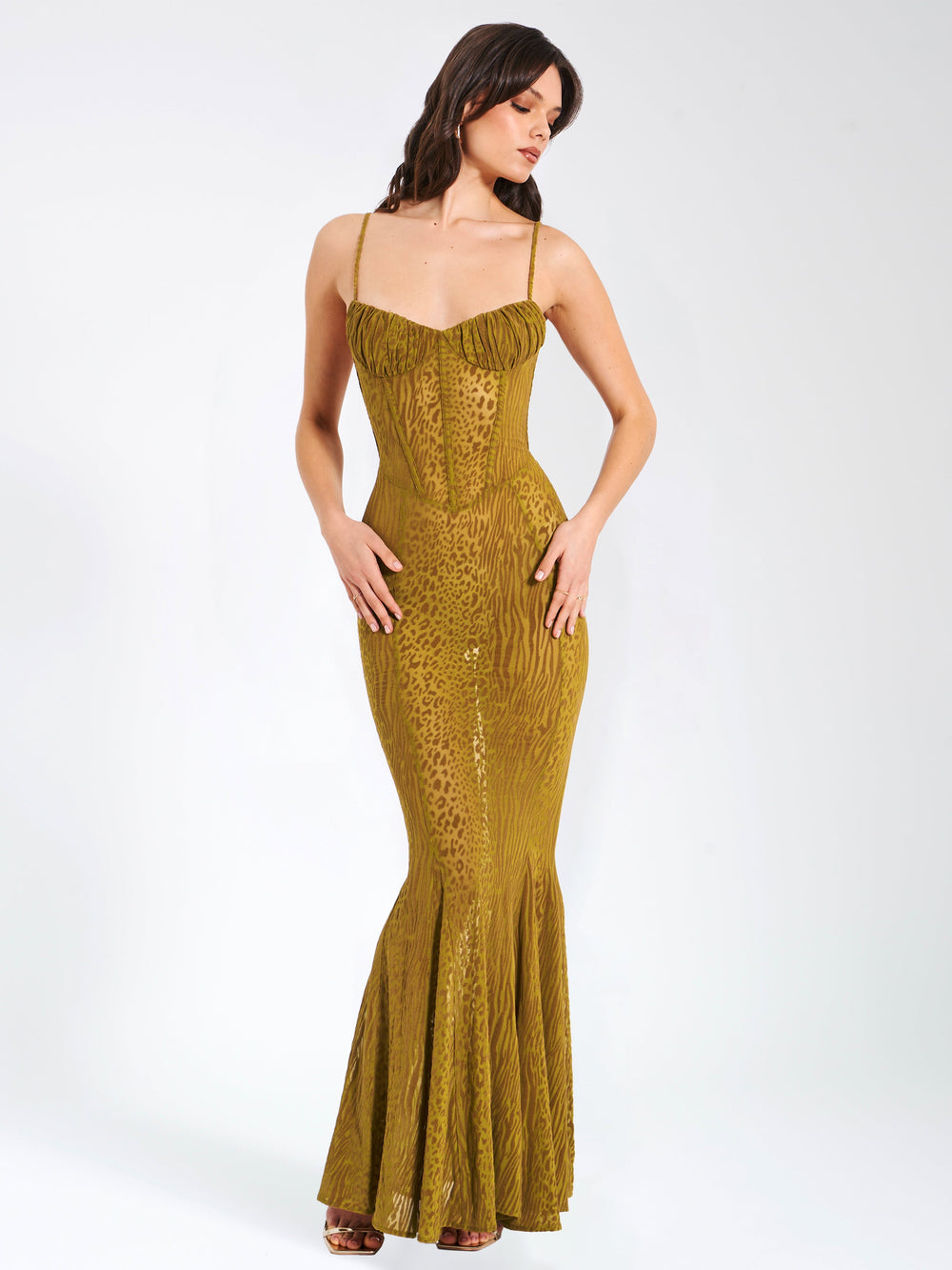 Ulani Gold Burnout Velvet Graceful Detail Mesh Maxi Dress XL / US 12 14 Dresses