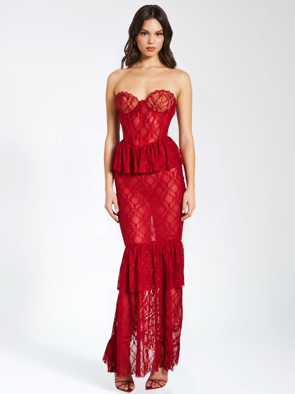 Quennell Burgundy Lace Charming Corset Maxi Dress Dresses