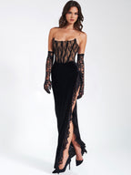 Gaia Black Lace Velvet Graceful Corset Side Slit Dress Dresses