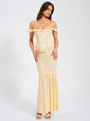 Ersilia Pale Yellow Satin Lace Trendy Peplum Corset Off Shoulder Maxi Dress S / US 4 6 Dresses