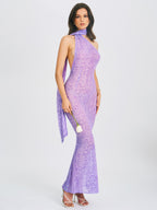 Olena Purple Burnout Velvet Animal Trendy Print Mesh Halter Neck Maxi Dress XL / US 12 14 Dresses